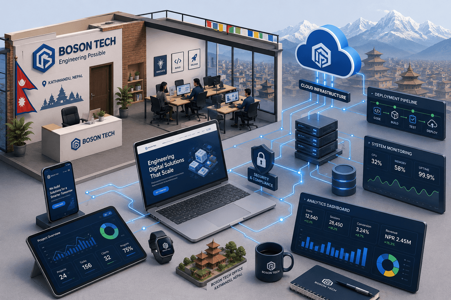 Isometric illustration of interconnected digital devices, cloud infrastructure, and dashboards representing Boson Tech's engineering work